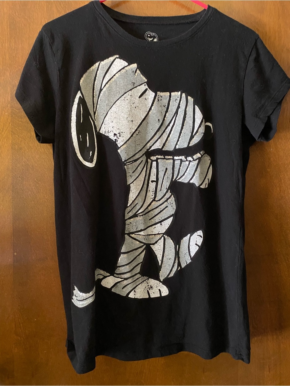 Peanuts Black Tee with Distressed Silver Metallic Snoopy Mummy Graphic